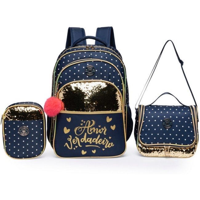Kit Mochila Feminino Estojo Lancheira Térmica Grande Reforçada Azul