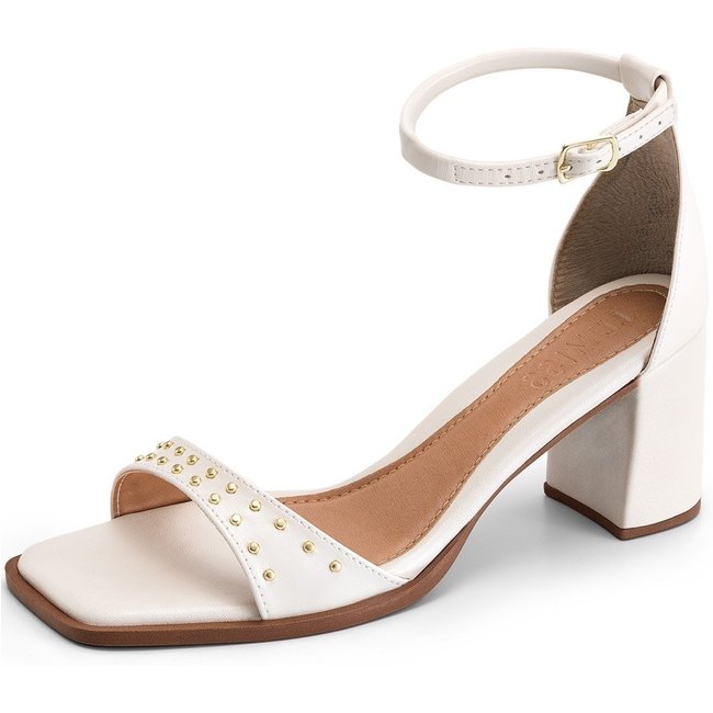 Sandália Feminina Lumiss Salto Baixo Bloco Tachas Dourada Bico Quadrado Off White
