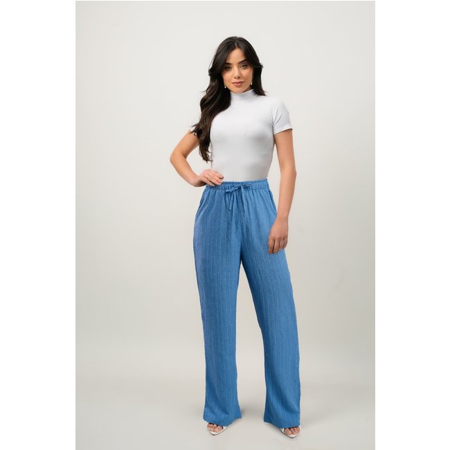 Calça Feminina Sh Fashion Pantalona Em Poliester Cintura Alta Cor Azul