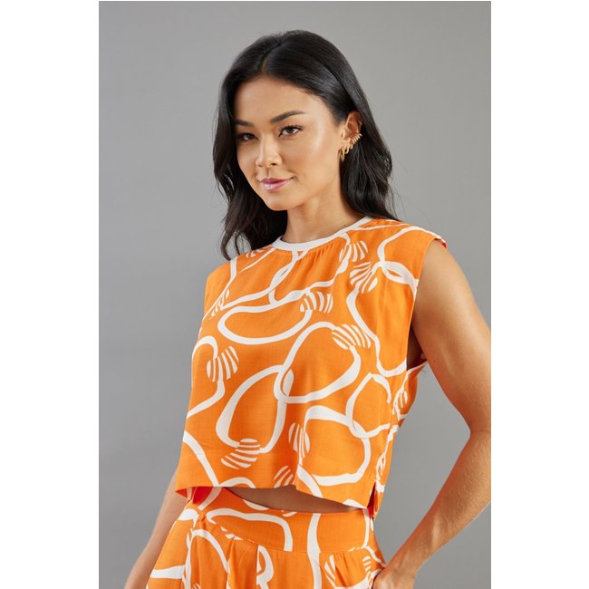 Blusa Cropped Feminina Soltinha Estampada sem Manga Lemier Laranja