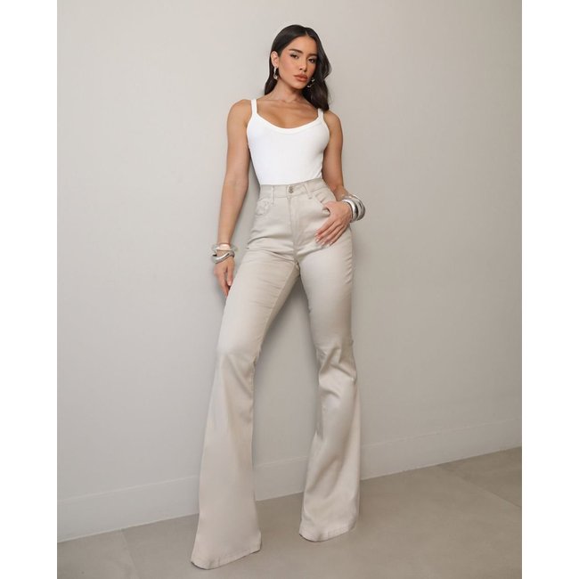 Calça Sarja Feminina Flare Cintura Alta 25098 Bege Consciência