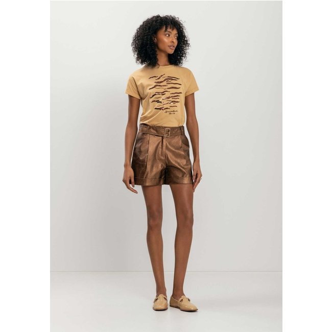 Shorts De Cintura Média Com Cinto Em PU Metalizado