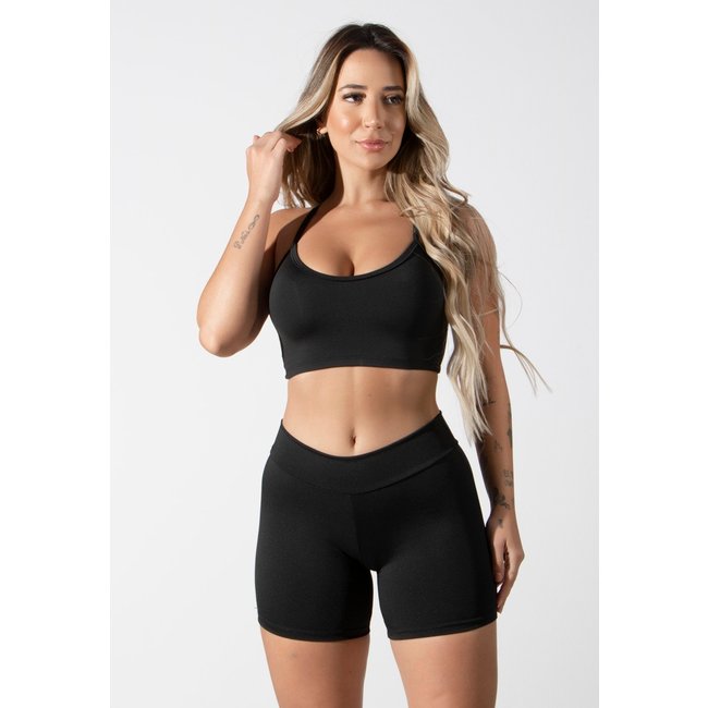 Conjunto Feminino Fitness Top alça fina e Short Curto Suplex Lisa Treino Academia 4 Estações Preto