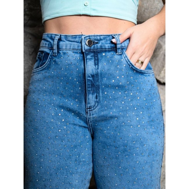 Wide Leg Jeans Marmorizado Com Brilhos Feminina Peça Casual Chique Moderna Cintura Alta Brilhos e Strass