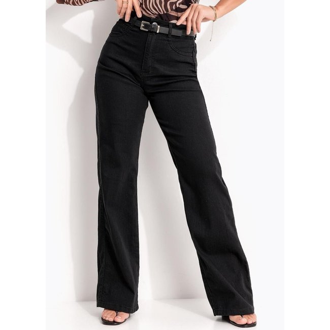 Calça Wide Leg Jeans Preto Quintess