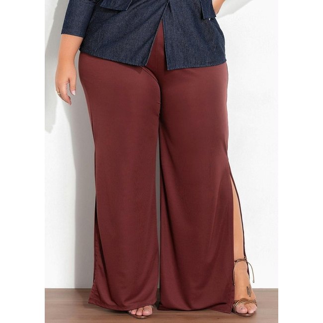 Calça Com Fendas Laterais Plus Size Marrom Marguerite