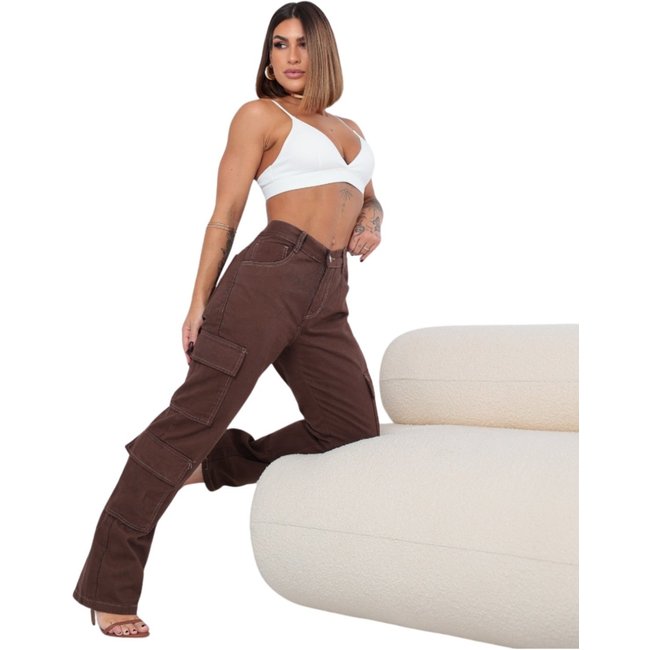 Calça Cargo Feminina Jeans Marrom Super Cargo