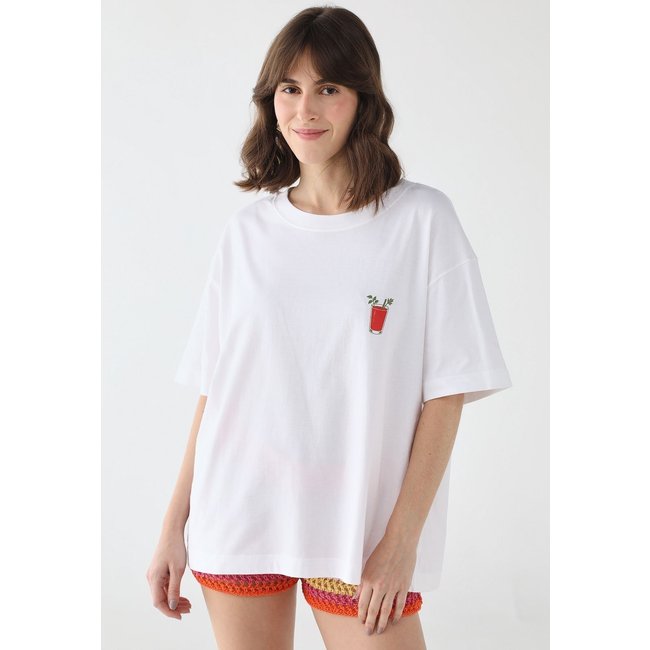 Camiseta Feminina Oversized Fiveblu Estampada Tomato Summer Off White