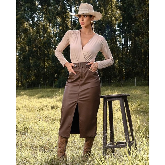 Saia Midi Feminina Material Sintético com Cinto 24638 Marrom Consciência