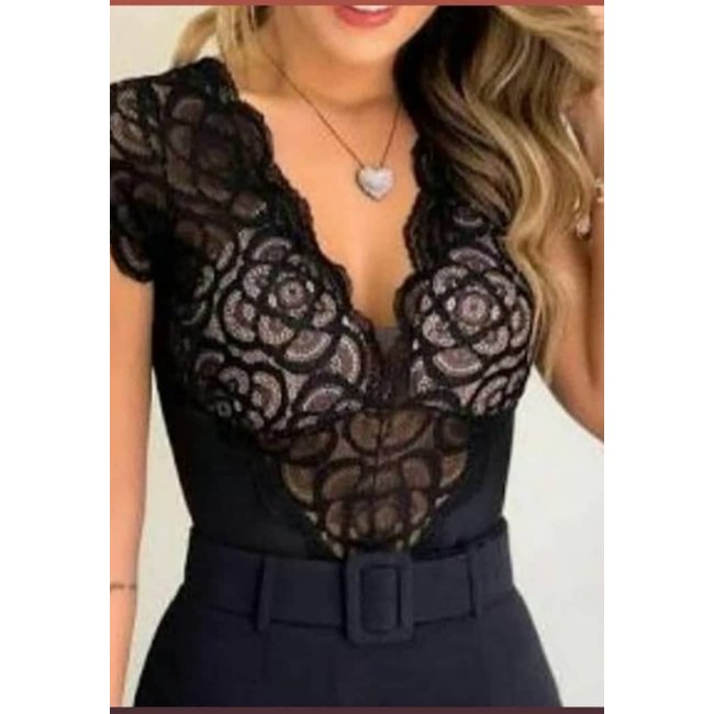 Body Summer Body Renda Decotado Manga Curta Rendado Bojo Collant Preto e Bege