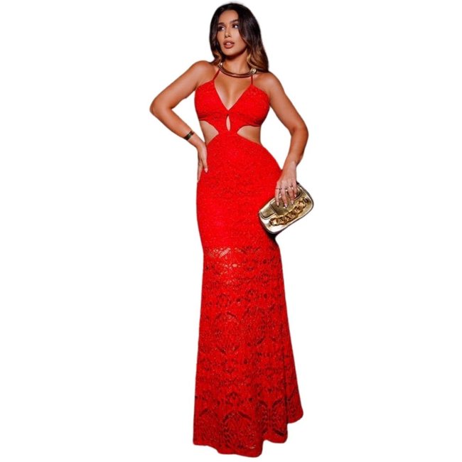 Vestido Longo Premium Tricot com Decote em V Abertura Lateral Francine Vermelho