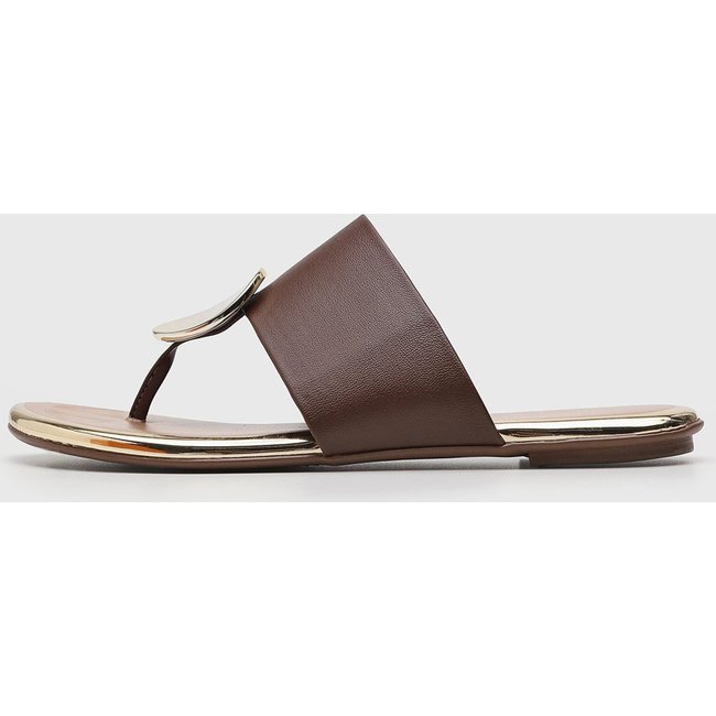 Rasteira Feminina Beira Rio Detalhe Dourado Marrom