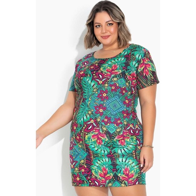 Vestido Tubinho Plus Size Floral Verde Marguerite