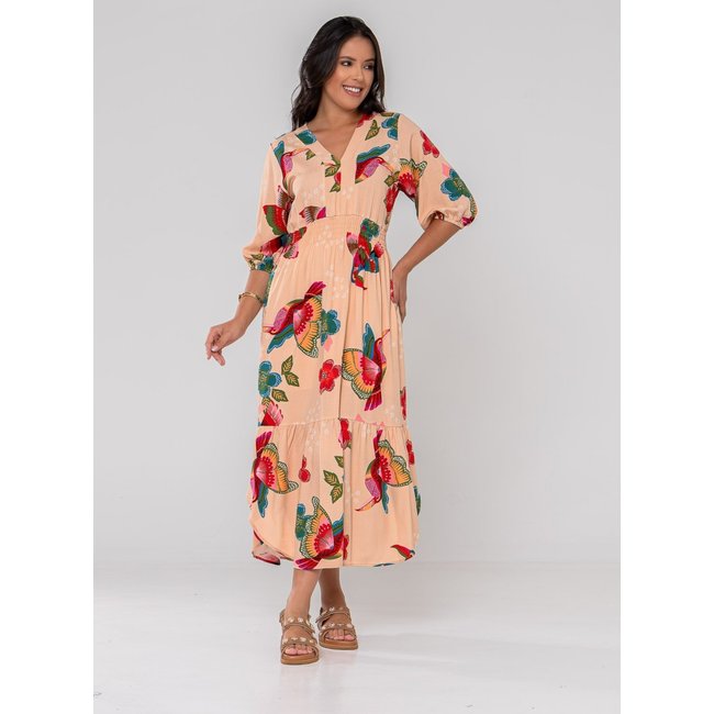 Vestido Aura Joana Pássaros Sintonia Bege