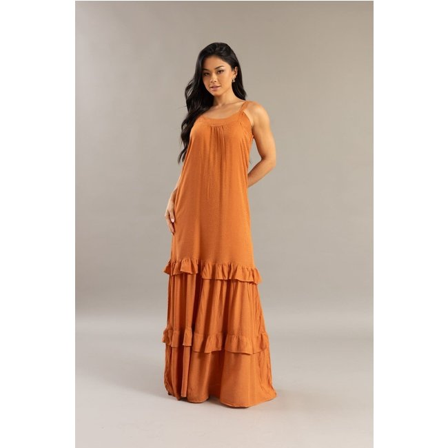 Vestido Longo Feminino com Babado Alça Fina Caramelo Lemier Collection