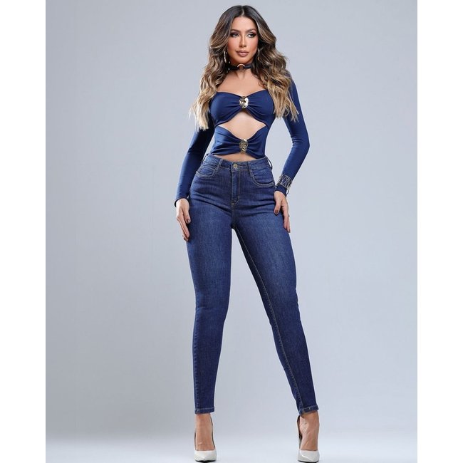 Calça Jeans Skinny Feminina Cintura Intermediária 24943 Escura Consciência