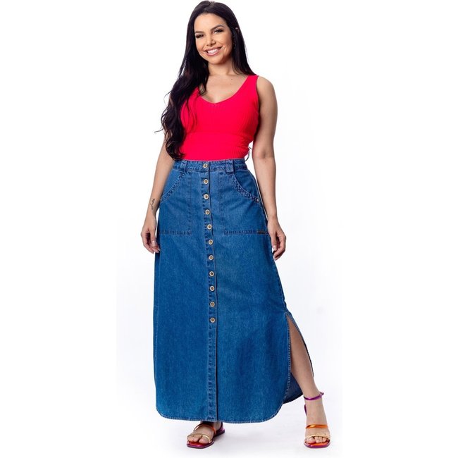 Saia Longa Restrito Jeans Com Elástico e Fenda - AZUL MÉDIO