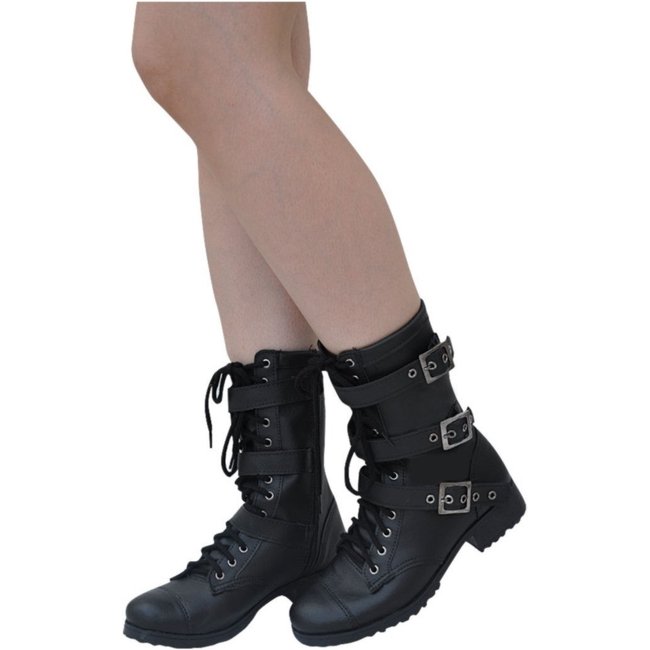 Bota Coturno Feminino Cano Médio Moda Pé Punk Rock Estilo Militar 3 Fivelas Cor Preta