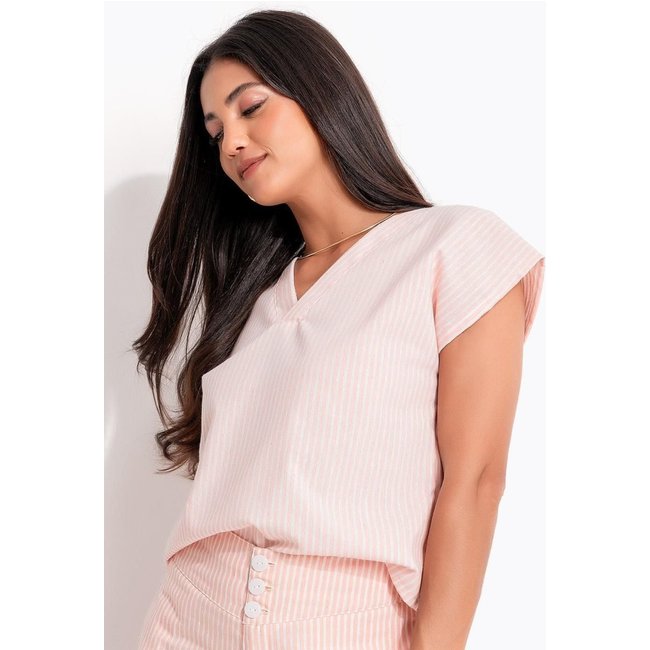 Blusa Em Tecido Plano Sustentável Quintess Listrado Rosa