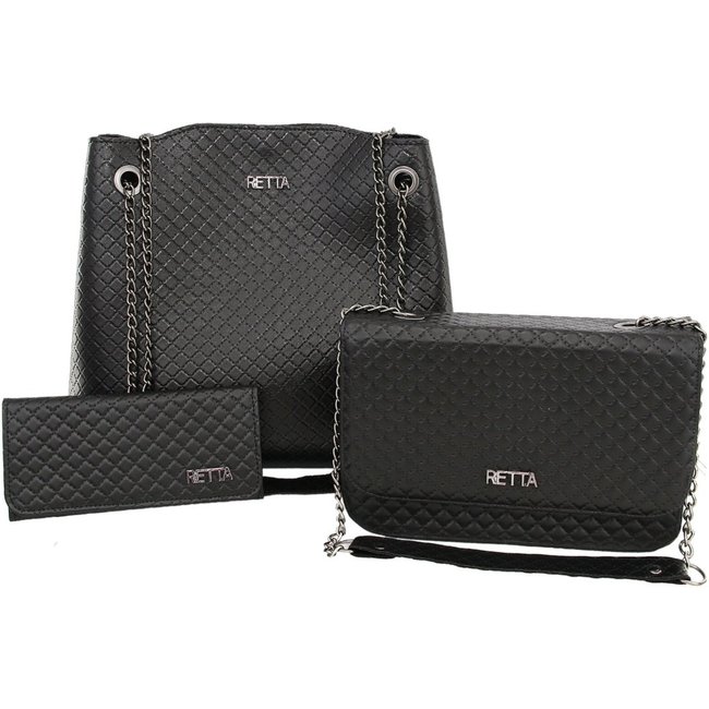 Kit 3 peças Retta Bolsa Saco, Bolsa Baú Pequena e Carteira preta