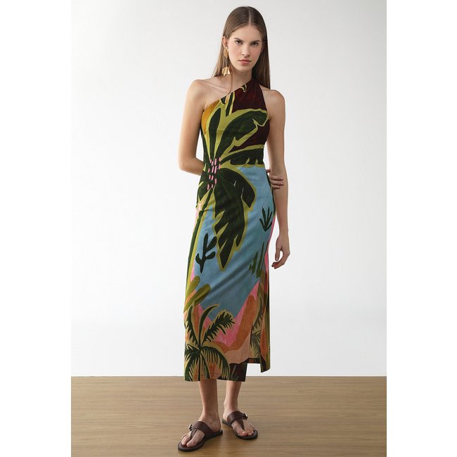 Vestido Feminino Farm Um Ombro Só Estampa Tropical Azul