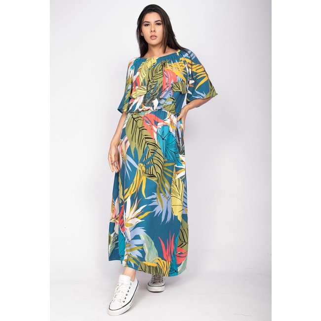 Vestido Midi CabanaFree Viscose Ciganinha com Lapela Estampa Brisa Botânica