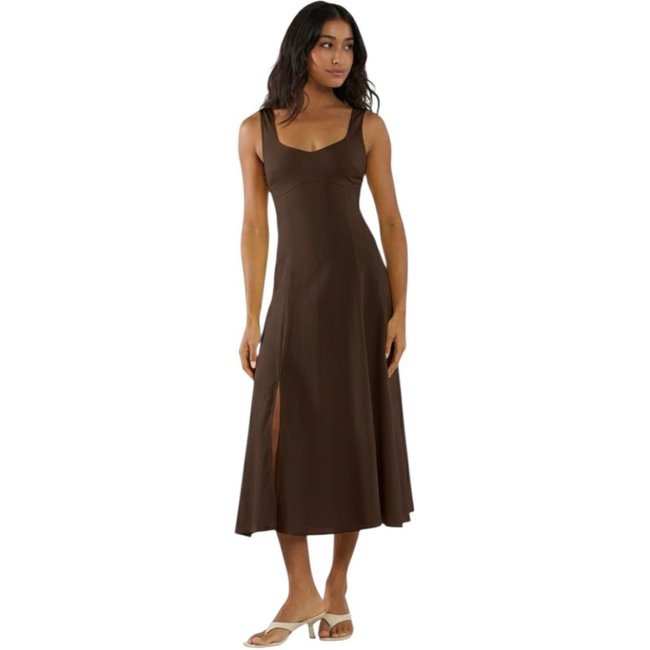 Vestido Midi Comfort Com Fenda Colcci CLC Marrom Truffle