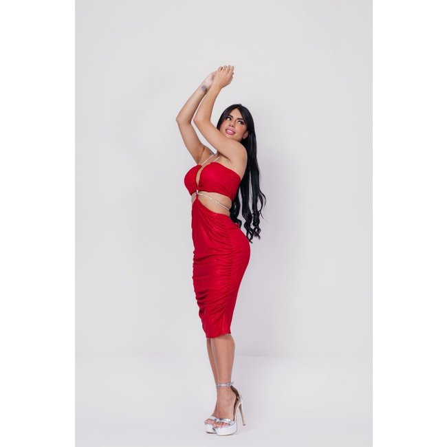Conjunto Top e Saia Midi Amarração Metalizadado Solange Vermelho