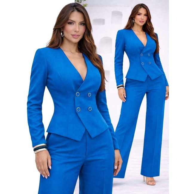 Conjunto Feminino Alfaiataria Divina Gata Blusa Colete e Calça - Azul Algarve