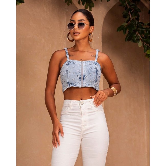Top Jeans com Zíper Frontal e Bordado Estrela 23945 Sky Consciência