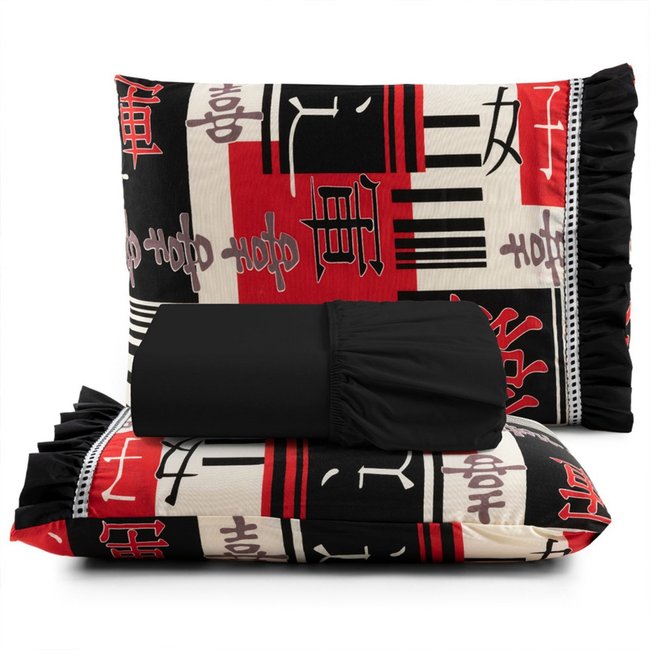 Jogo Cama Lençol Fiore Casa Scarpa Casal Padrão Estampado 180 Fios 100% Algodão com Babadinho 3 Peças Preto Oriental Japonês