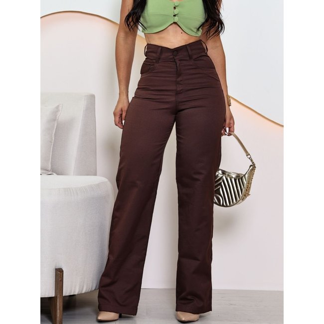 Calça Donna De Paula Wide Leg Marrom Com Elastano Cintura Alta Feminina