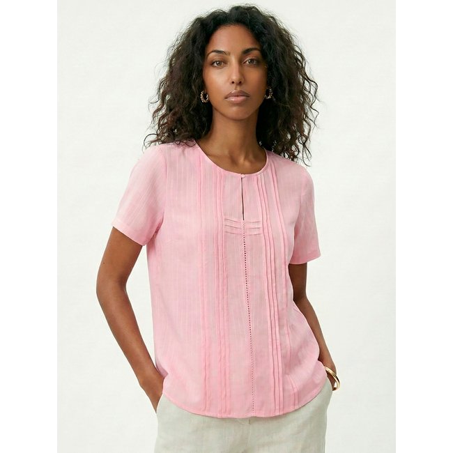 Blusa Rosa Claro Manga Curta em Viscose com Linho Sob Pregas