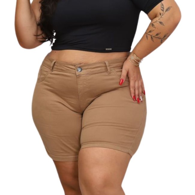 Shorts Feminino Marrom Claro Estilo Meia Coxa Plus Size Mirella Alleppo Jeans