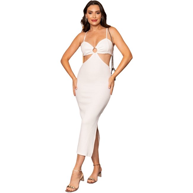 Vestido Argola Midi Canelado Irlanny Branco Réveillon Ano Novo