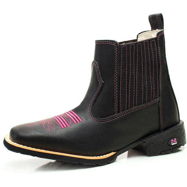 Bota Botina Feminina RR Botas Country Couro Com Bordado Bico Quadrado Preto Rosa