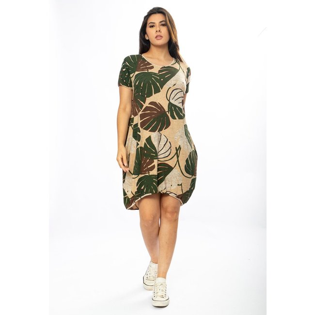 Vestido Curto Amazônia Vital Malha Amplo Always Estampa Folhagem Verde e Marrom