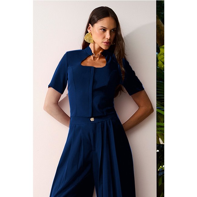 Blusa Alfaiataria Lisa Com Decote Gota Azul Indico Charry