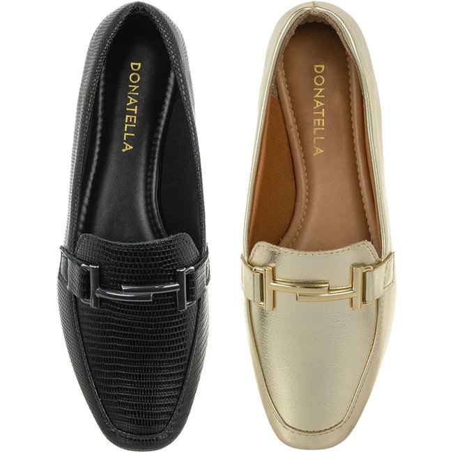 Kit 2 Pares Sapato Feminino Mocassim Donatella Shoes Bico Quadrado Confort Preto e Ouro Light
