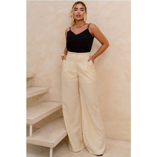 Calca Pilar Alfaiataria C/Pregas Frente Amarelo