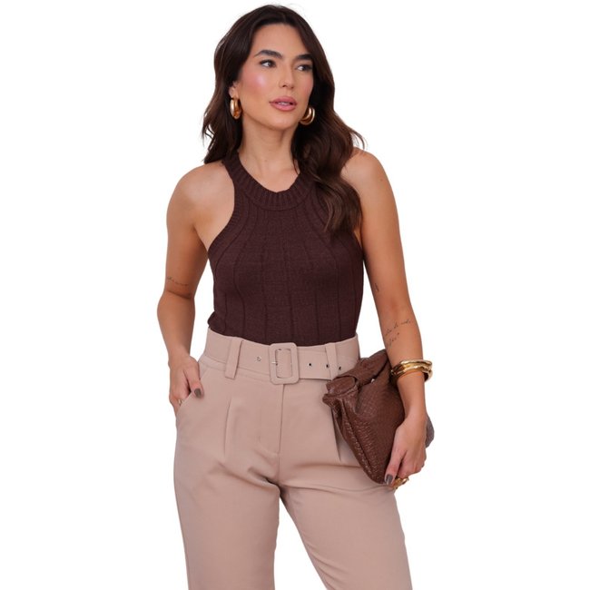 Blusa MOS Regata Feminina em Tricot Modal com Gola Alta Marrom