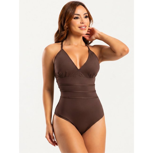 Maiô Modelador Orla da Praia Frente Única com Bojo Cortinão Discreto Marrom Café