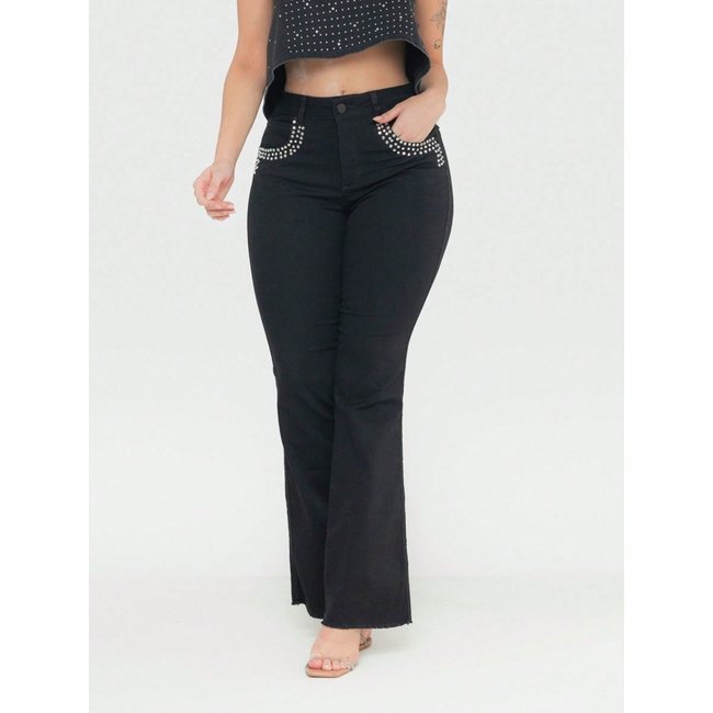 Calça Feminina Flare Jeans Preto com Strass ao Redor do Bolso