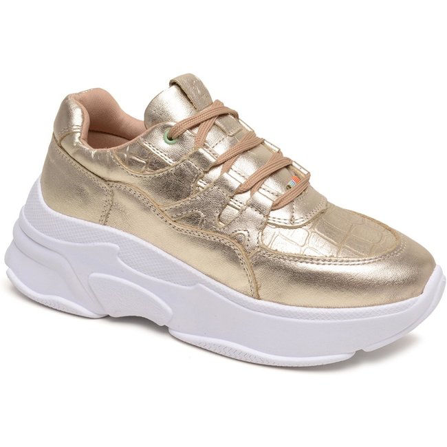 Tênis Feminino Dourado Metalizado Plataforma Conforto Leve