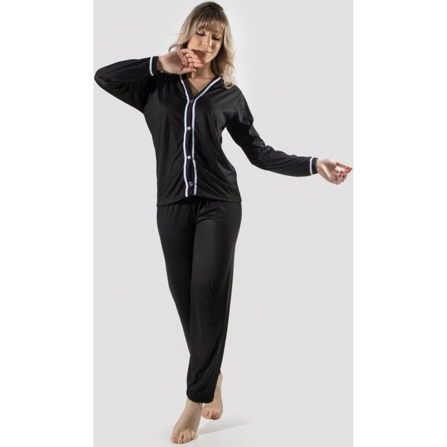 Pijama Blogueira Longo Aberto Botões Preto