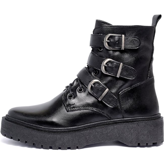 Bota Coturno Feminino Ferrile em Couro Com Fivelas e Ziper Preto Preta