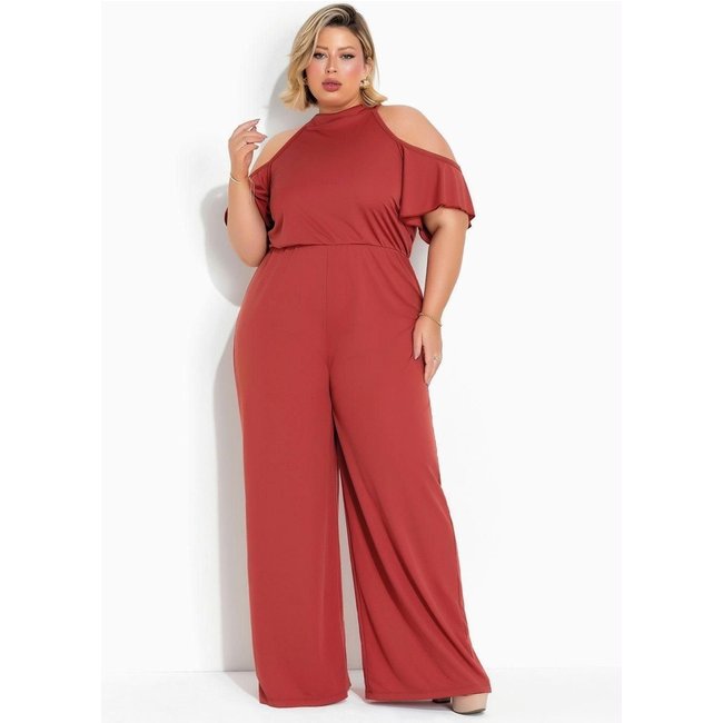 Macacão Com Decote Halter Plus Size Terracota Marguerite
