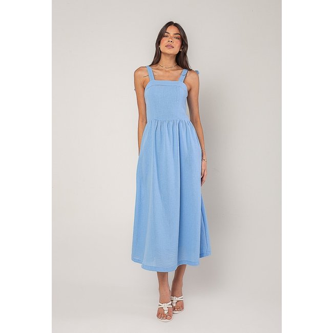 Vestido Alfaiataria Midi Com Alças Largas e Amarração Salvatore Azul