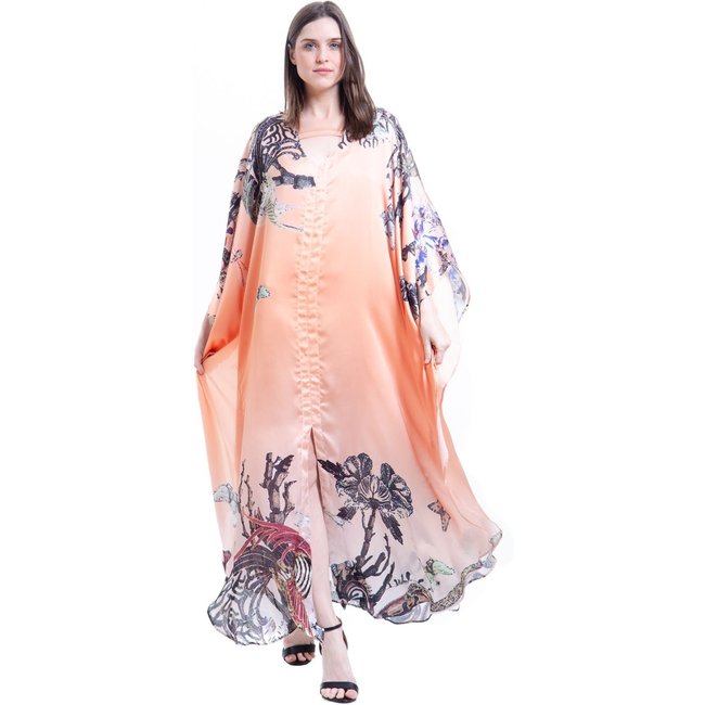 Vestido KAFTAN Longo Cetim Estampado EXCLUSIVO Fundo do Mar Coral