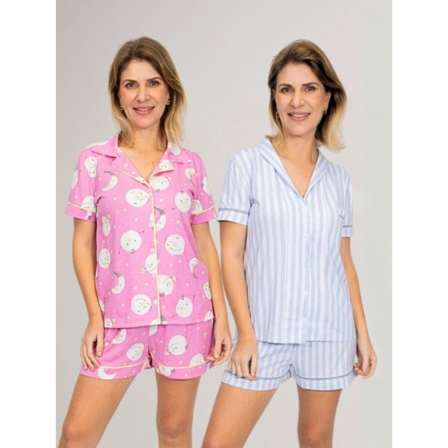 KIT Pijama Americano Curto Listrado Azul + Pijama Americano Curto Lua Rosa